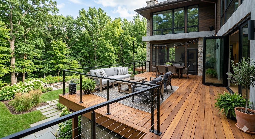 Restored outdoor deck with modern railing and updated design in a California home